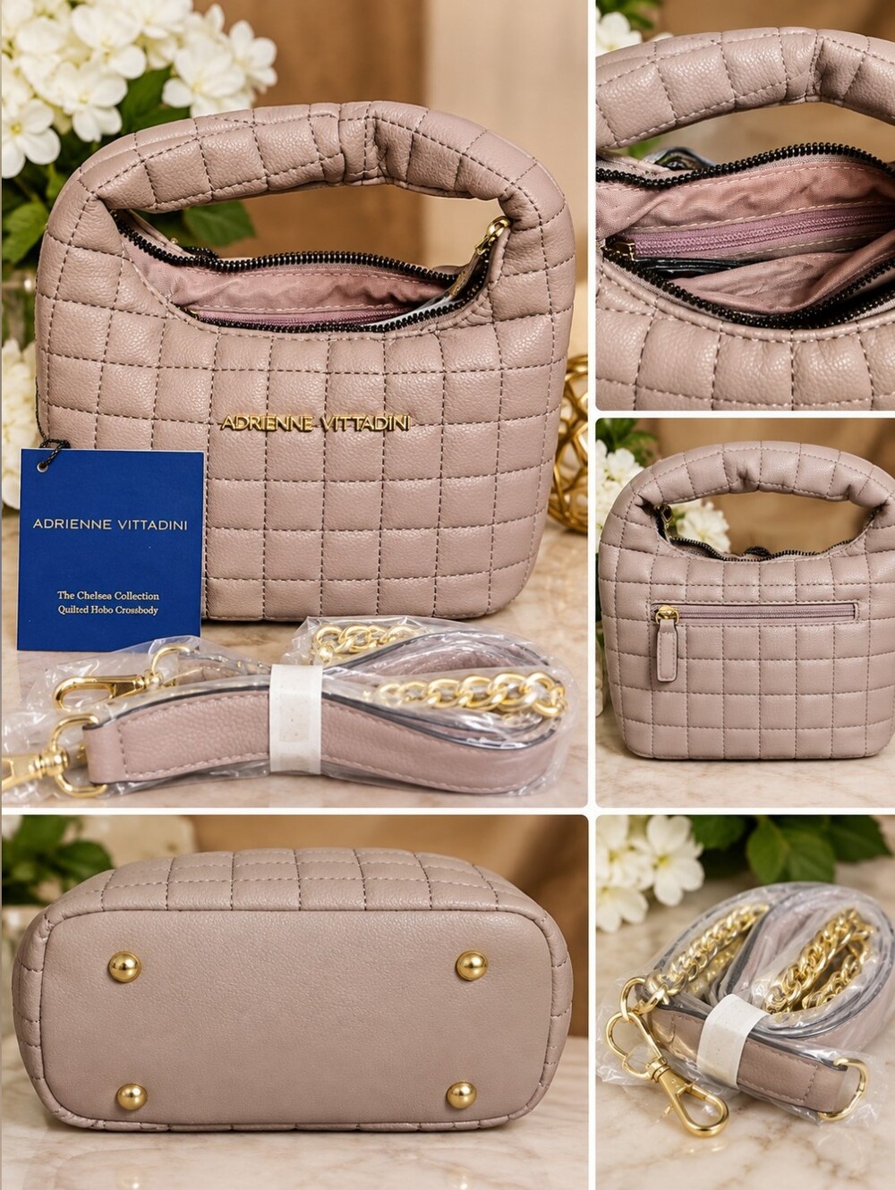 Adrienne Vittadini Chelsea Quilted Hobo Crossbody Bag – Taupe/Mauve – New